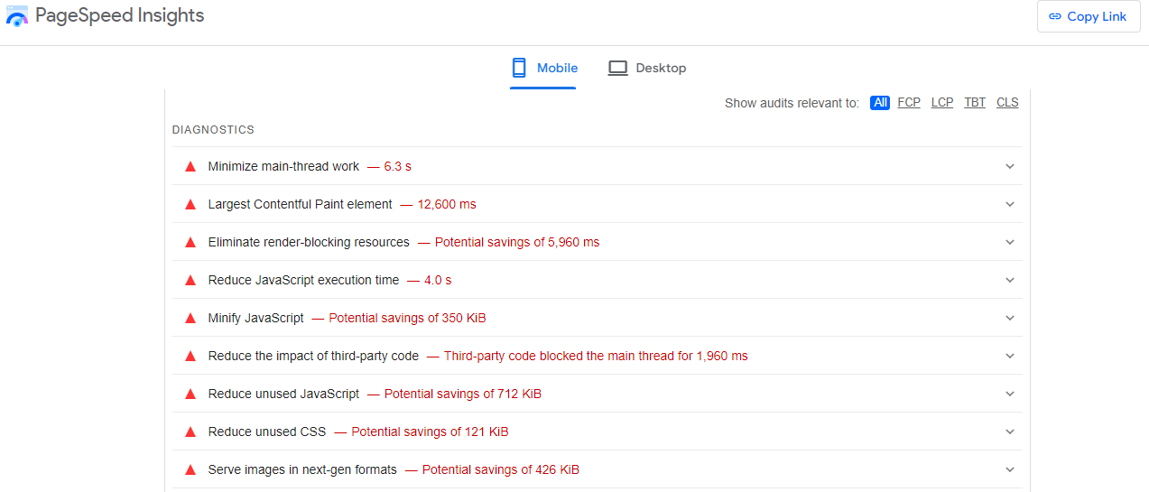 issues reported by pagespeed insights tool