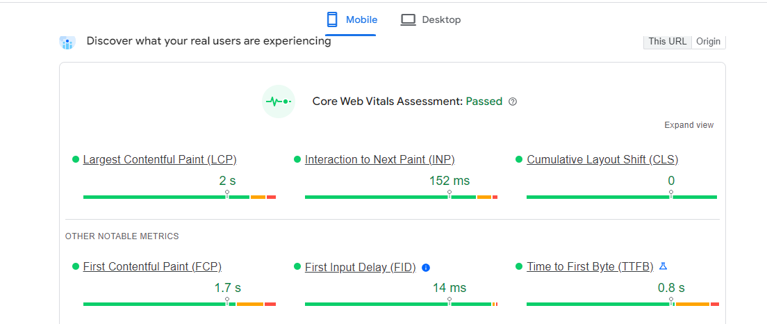 pagespeed insights tool's report for core web vitals