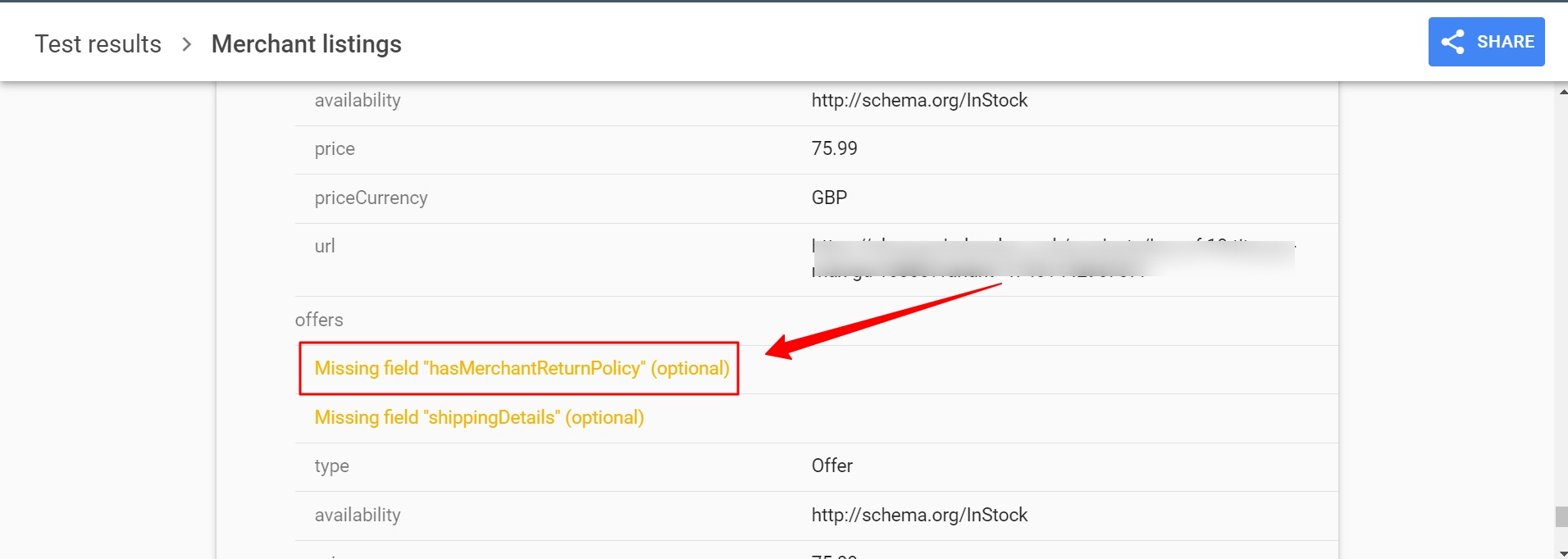 Missing field "hasMerchantReturnPolicy" (in "offers") issue reported in rich results testing tool